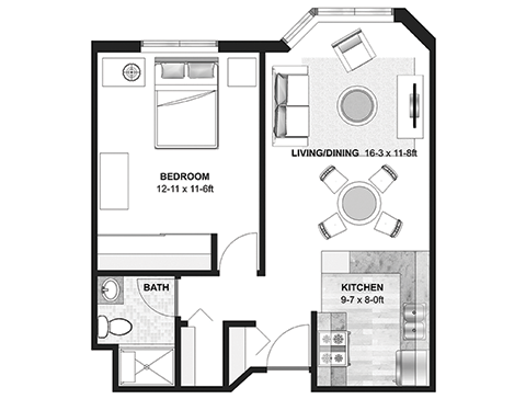 Floor Plan 1 Bedroom 569 sqft