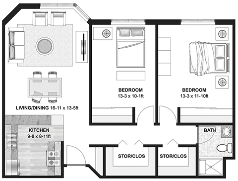 Floor Plan 2 Bedroom 881 sqft